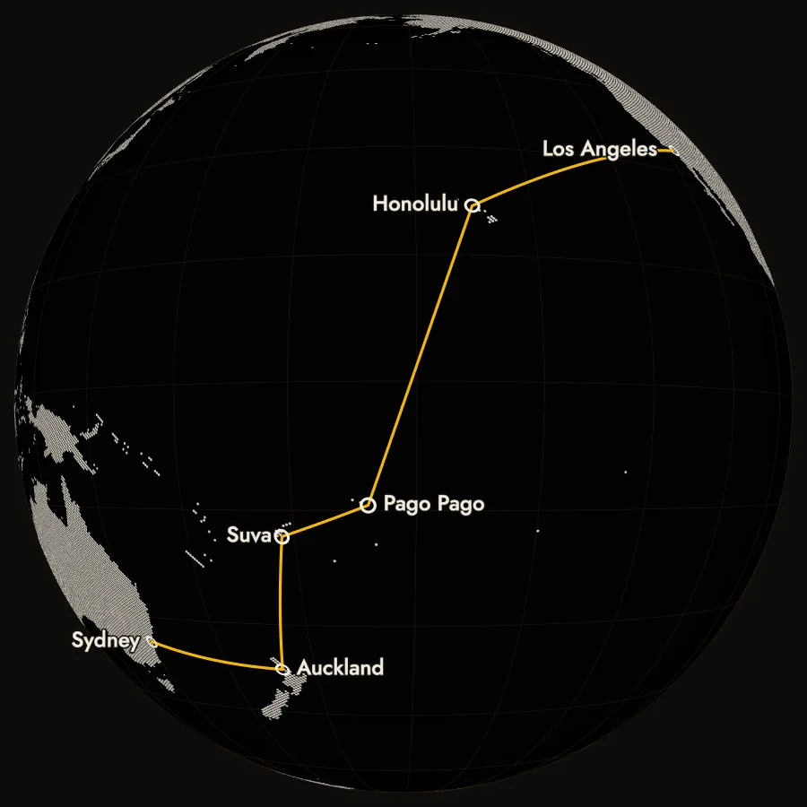 A globe of the Pacific, the route drawn home from Sydney by Auckland, Suva, Pago Pago and Honolulu to Los Angeles.