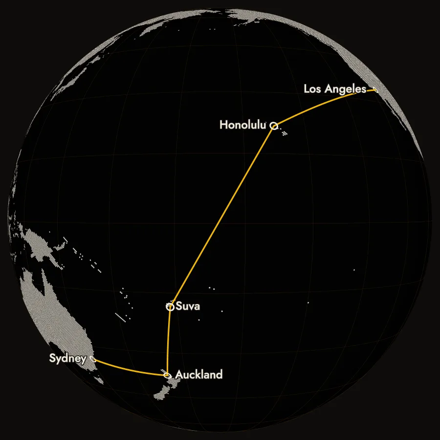 A globe of the Pacific, the route drawn from Los Angeles to Honolulu, Suva, Auckland and Sydney.